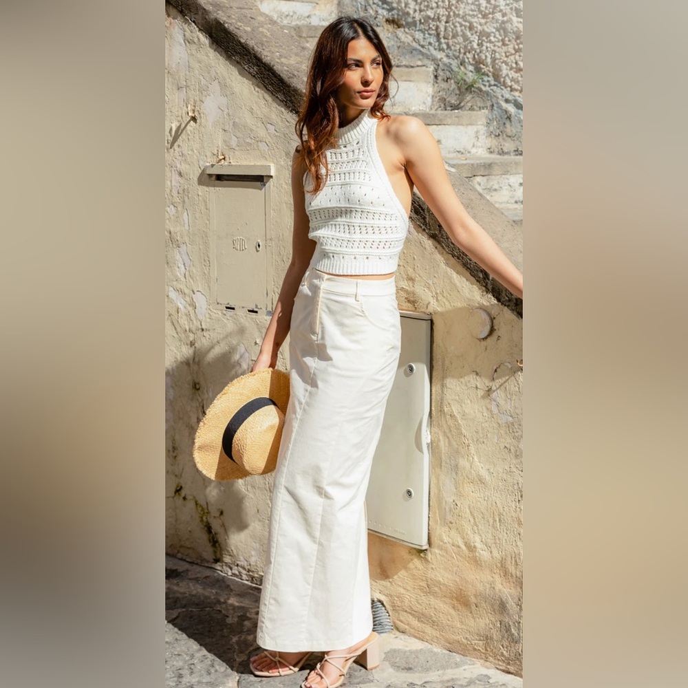 Line & Dot Cream Maxi Skirt - High Waist Long Silhouette